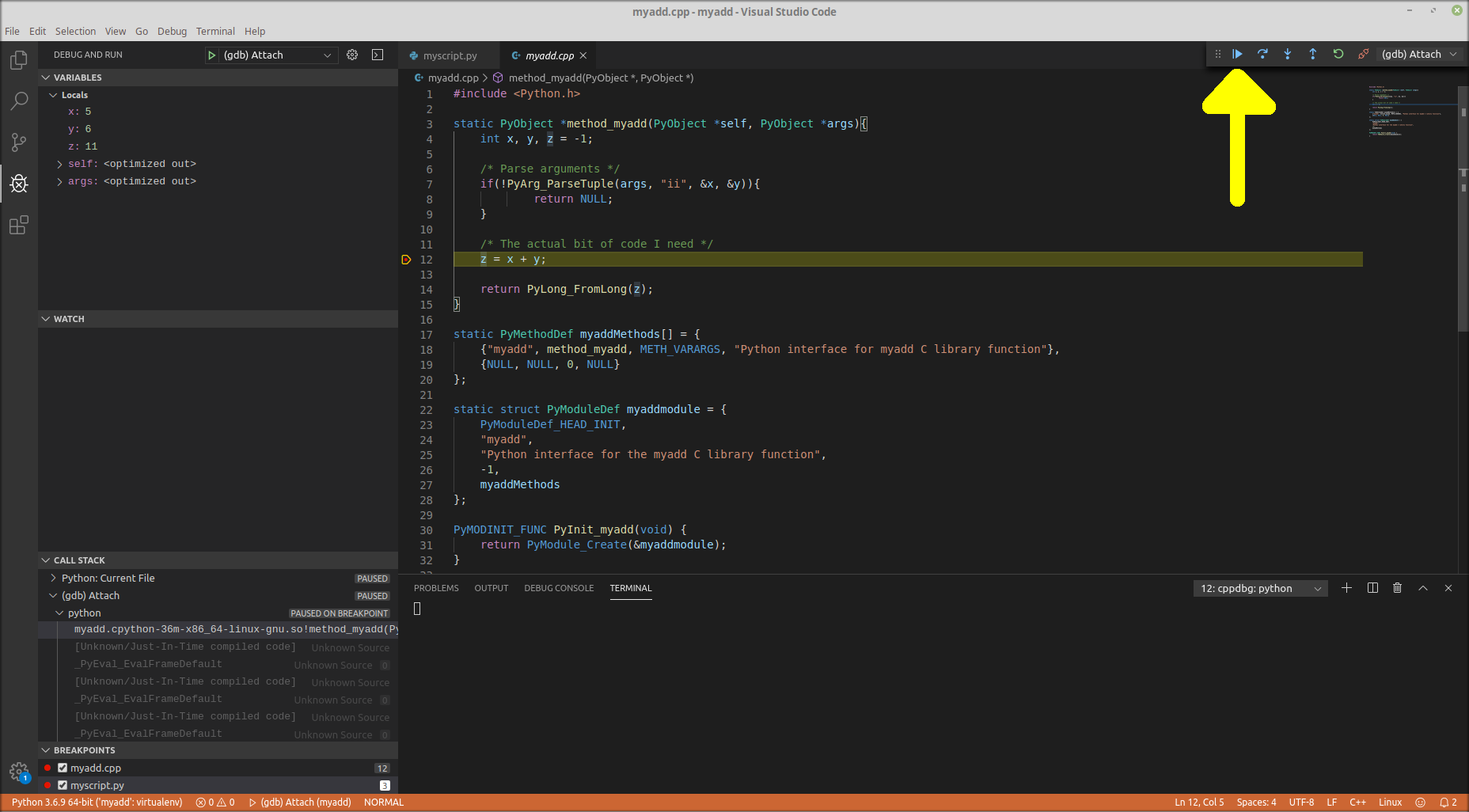 Example debugging mixed Python C++ in VS Code