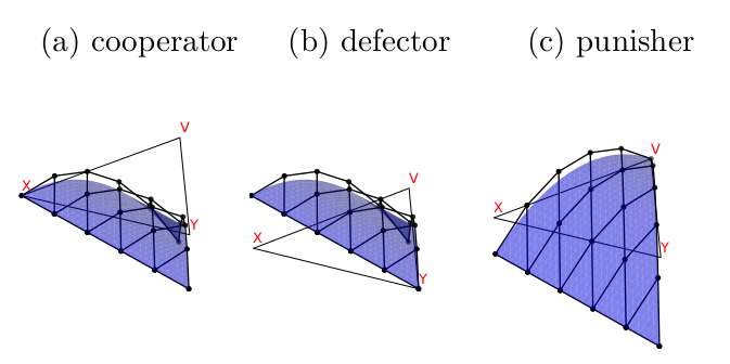 Figure 7: Comparing the linear mesh formed of the Bernstein coefficients (black) and the surface
    of the beta (blue) for the Sigmund model example. The flat triangle is the simplex axes where the coefficients
    and beta equal 0.