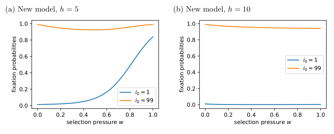 Figure 4: The fixation probabilities of cooperators for the new model where costs are split between cooperators.